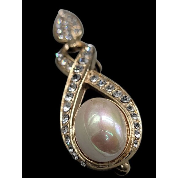 Designer High End Brooch Irridescent Glossy Faux Mabe Pearl Rhinestones Vintage - Picture 4 of 9